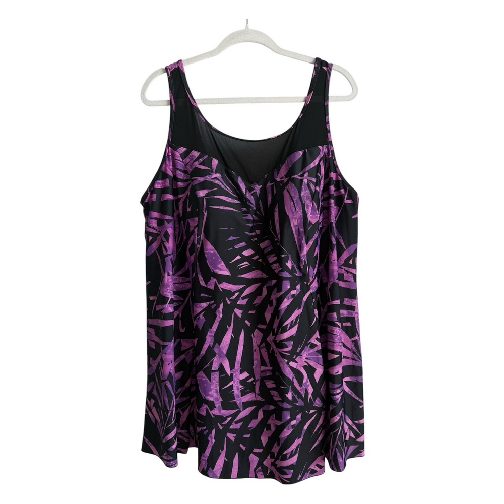 Swimsuits For All Mesh Women's High Neck Swimdress Plus Size 26 Purple Palm Leaf